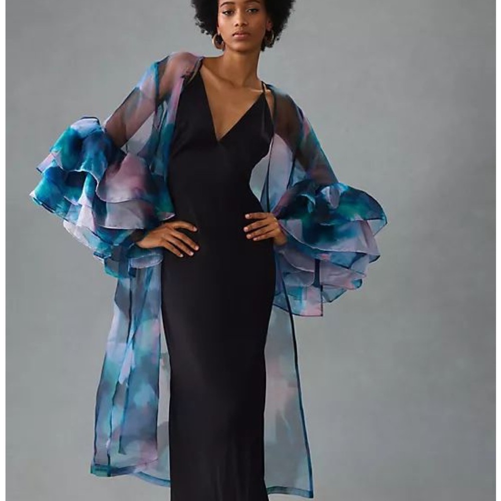 Anthro Floral Sheer Watercolor Ruffle Kimono